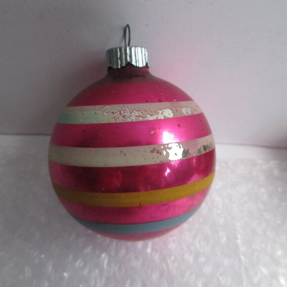 Shiny Brite Striped Glass Christmas Ornaments Set of 8 Pink Gold 1.75" - 2" Vtg - Picture 3 of 16